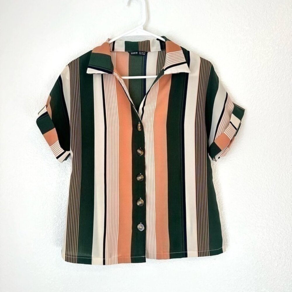 SHEIN Striped Button Front Short Sleeve Top Size S Women’s